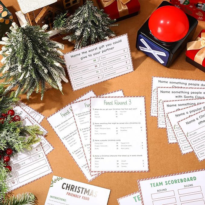 Syhood Christmas Friendly Feud Card Game with 2 Answer Buzzers Fun Xmas Family Trivia Quiz Party Game Night Activities for Adults Office Large Group and Team Building
