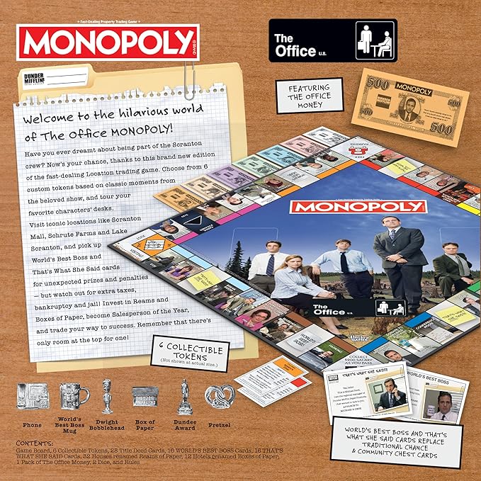 Monopoly: The Office Board Game Featuring World's Best Boss Mug Dundee Award Box of Paper &amp More Buy Sell Trade Scranton’s Locations from Reception to The Conference Room Officially License