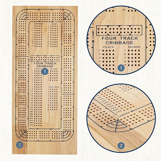 WE Games 4 Player Wooden Cribbage Board Solid Natural Wood 4 Track Board Plastic Pegs and Instructions Card Games for Families and Adults