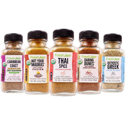 Freshjax International Spices Gift Set | 5 Sampler Sized Organic Spices and Seasonings | World of Flavors Seasoning Gift Set | Grilling Christmas Gifts for Men Packed in a Giftable Box