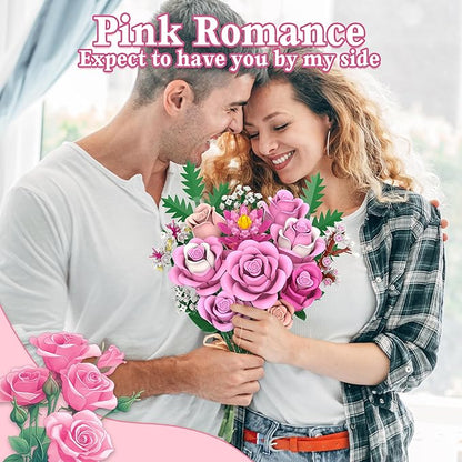 Pink Rose Bouquet Flowers Building Set 834Pcs Roses Artificial Flowers Botanical Collection Compatible with Lego Flowers for Adults Valentines Day Gifts for Her Women Wife Girlfriend Mom