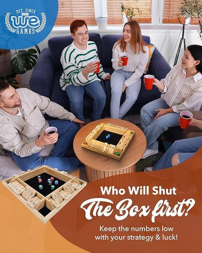 WE Games Wooden Shut the Box Game 4 Player - 10 Number Tiles &amp 8 Dice - Large 14-Inch Natural Wood Finish