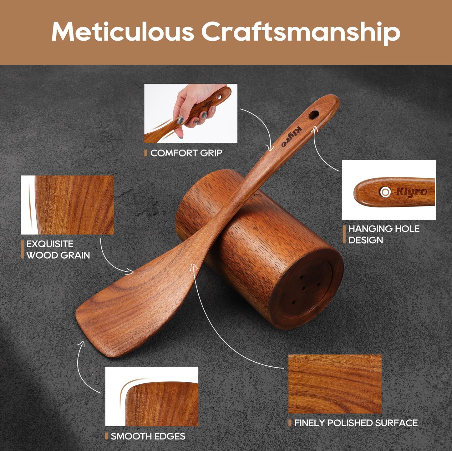 KLYRO Kitchen Utensils Set, 7 Piece Premium Cooking Utensils Set, Durable Non-Stick Wooden Spoons for Cooking, Kitchen Essentials for New Home
