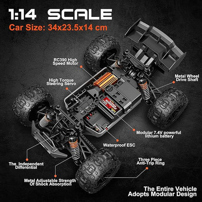 1:14 Scale All Terrain RC Cars for Adults &amp Boys (HS14323) Max Fast 40+ KPH 4WD Off-Road RC Truck for Snow &amp Sand &amp Mud 4X4 Waterproof Remote Control Car with 2 Rechargeable Batteries