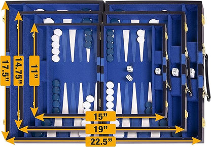 Premium Backgammon 15 Inches Medium Blue - Backgammon Sets for Adults and Kids - Leatherette Back Gammon Board Game Set - Travel Backgammon Set Board Encased with Accessories