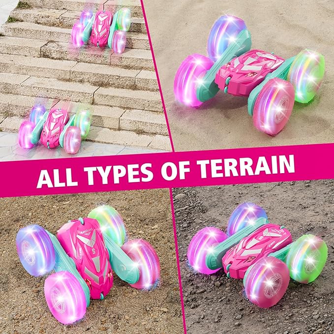 Remote Control Car for Girls 6-12 with Flashing Light Toys 6 7 8 9 Years Old Girl Birthday Gifts Idea RC Cars Stunt 4WD 2.4Ghz Double Sided 360° Flip Present for Kids Christmas Pink