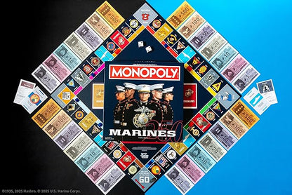 Monopoly: Marines 250th Anniversary Edition Celebrate 250 Years Buy Bases Worldwide and Upgrade with Tents &amp Barracks Play as Tokens: Combat Boots Bulldog &amp More Officially Licensed Merc
