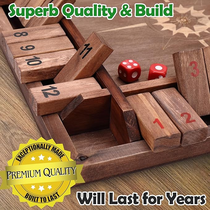 Sterling Games 12 Inches Shut The Box Game for 4 Players Family Dice Game with 12 Numbers Box Nautical Themed Large Wooden Game Board