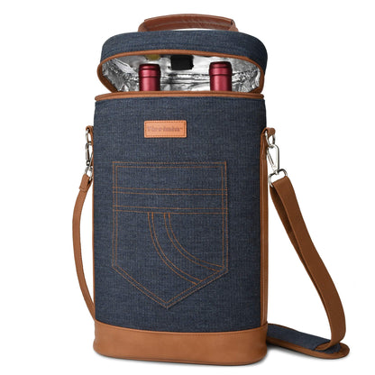 Tirrinia 2 Bottle Wine Gift Tote Carrier - Leakproof & Insulated Padded Versatile Wine Cooler Bag for Travel, BYOB Restaurant, Wine Tasting, Party, Dinner, Gift for Wine Lovers, Dark Blue