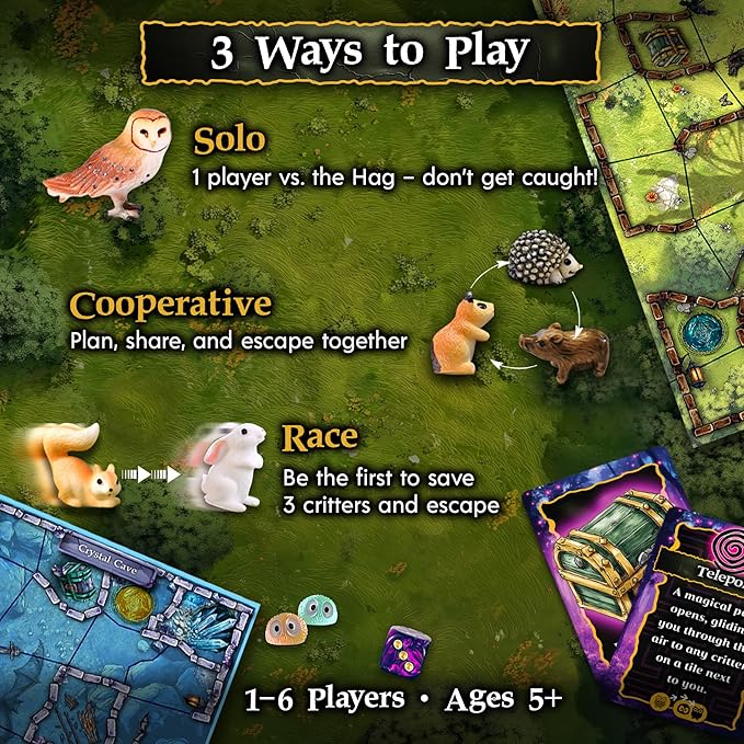 Enchanted Maze - A Light Up Board Game for Families | Ages 5+ 1-6 Players | Cooperative Competitive and Solo Play Options | with “Secret” LED Light up Tiles dice Animal Figurines and a Hag!