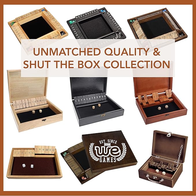 WE Games Shut The Box Board Game - Classic 4 Player Wooden Table Top Dice Game for Family Game Night Natural Wood 14 in. 10 Numbers Classroom Play or Bar Fun for Adults