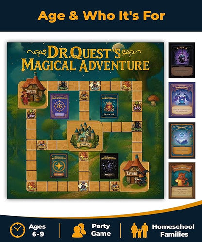 Dr. Quest's Magical Adventure–Educational Board Game for Kids Ages 6-9 – Spelling &amp Grammar Learning Game for Early Elementary | 180 Questions | Screen-Free Homeschool &amp Family Game | 2-6 Play