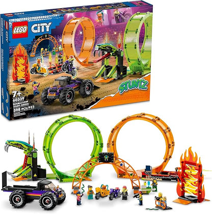 LEGO City Stuntz Double Loop Stunt Arena 60339 Monster Truck Playset with 2 Toy Motorcycles Ramp Wall of Flames Ring of Fire Snapping Snake Loop and 7 Minifigures for Kids Ages 7 Plus
