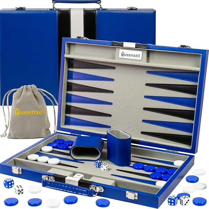 Backgammon Sets for Adults – 15-Inch PU Leather Board Game – Classic 2-Player Travel Backgammon Set with 32 Playing Pieces Dice and Cups