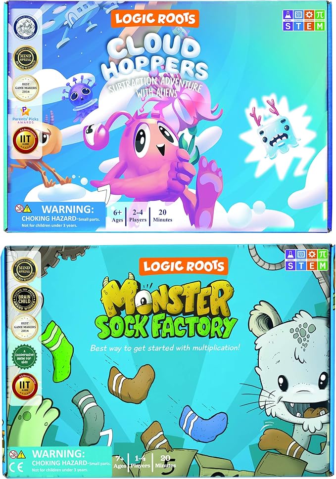 Two Math Games for Kids - Learn Addition Subtraction and Multiplication Table | Educational Games for Kids 5 and up for Kids (Monster Sock Factory + Cloud Hoppers)