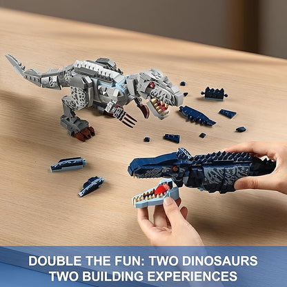 Dual Dinosaur Building Sets - Indominus Rex &amp Mosasaurus Dinosaur Toys with Poseable Joints STEM Educational Toys for Kids Ages 6-12 Creative Birthday Gifts for Boys and Girls