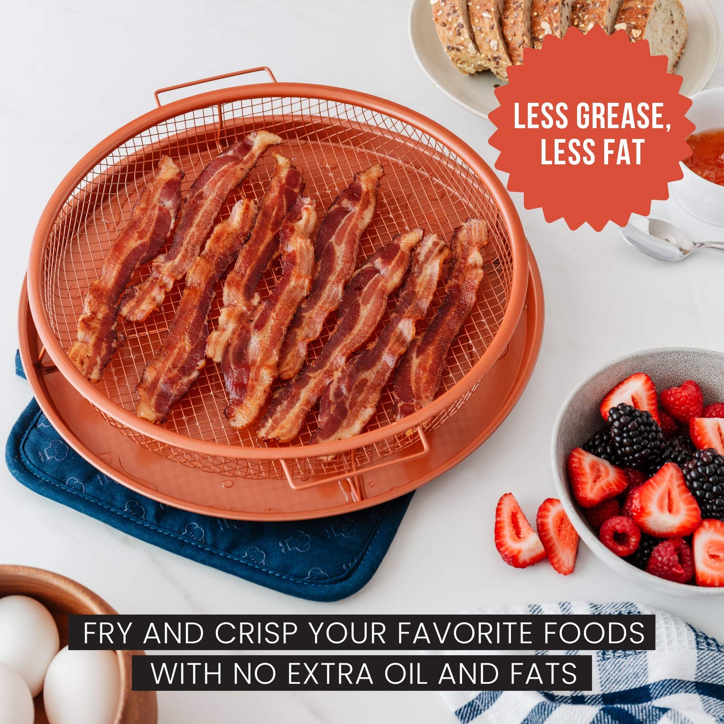 Chef Pomodoro Crisper Basket and Tray Set -2 Pieces, Large Plate for Oven with Air Fryer Option, Oil-Free Cookware Pan, Full Size Oven and Air Fryer Accessories for Any Kitchen, 12.2 inches (Copper)
