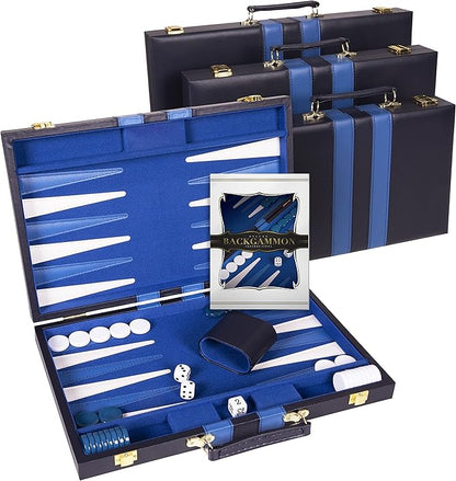 Premium Backgammon 15 Inches Medium Blue - Backgammon Sets for Adults and Kids - Leatherette Back Gammon Board Game Set - Travel Backgammon Set Board Encased with Accessories