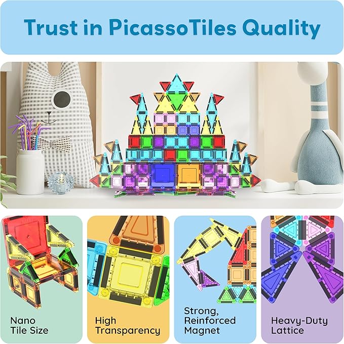 PicassoTiles 100PC Travel Nano Magnetic Tiles Construction Building Blocks Toy with Storage Case Educational STEM Learning Build Kit 3D Magnet Tile Stacking Block Toys for Kids Boys Girls Ages 3+ PN04