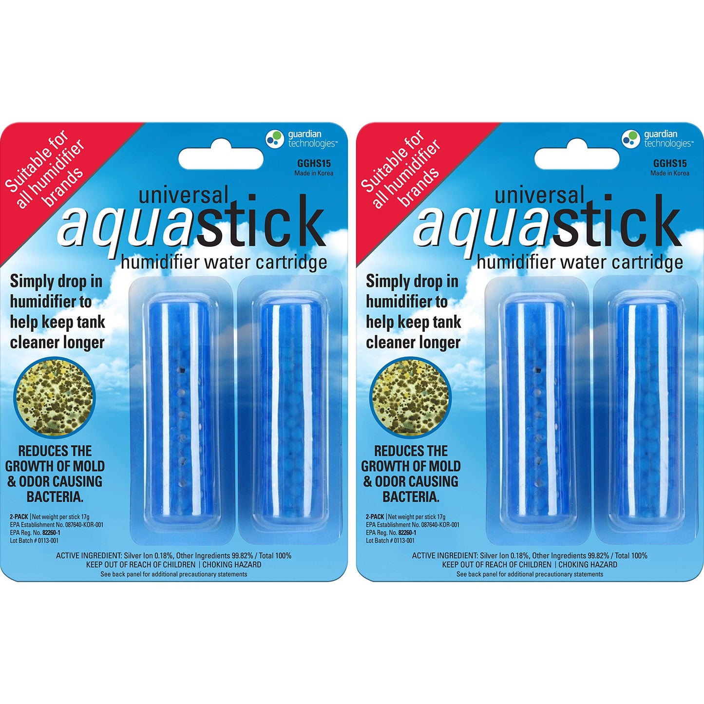PureGuardian Aquastick, Universal, Genuine Guardian Technologies Antimicrobial Humidifier Treatment, Ultrasonic & Evaporative, Fits All Brands, Reduces Odors, 4 Count (Two Packs of Two), GGHS152PK