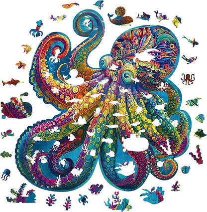 Mys Aurora Unique Wooden Jigsaw Puzzles - Agate Octopus 300 Pcs Medium Size 12.6'' x 12.2'' Luxurious Animal Shaped Wood Puzzle Beautiful Package Best Gift for Adults