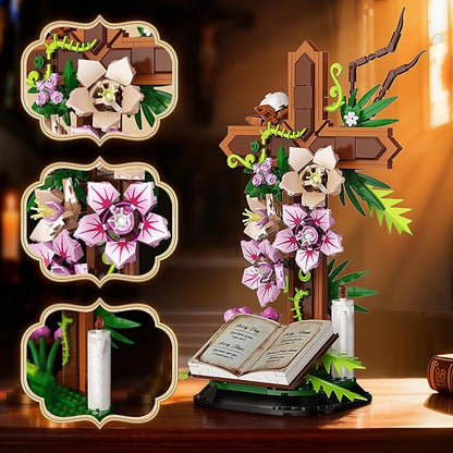 Cross Flower Building Set Religious Cross Collectibles Compatible with Lego Jesus Catholic Building Toys Easter Christian Birthday Gifts for Mothers Women or Adults