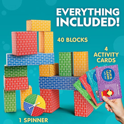 NATIONAL GEOGRAPHIC Kids Jumbo Cardboard Building Blocks – 40 Heavy-Duty Bricks in 3 Sizes Build &amp Learn with Game Spinner &amp Activity Cards for Kids 3+ Indoor Play Construction Toy for STEM