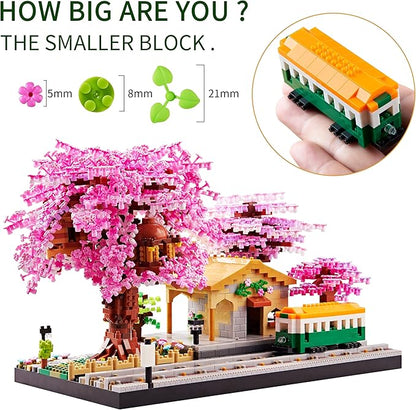 Japanese Cherry Blossom Tree Flower House Micro Building Blocks Set for Adults Bus Station Mini Bricks Model Treehouse Decorative Architectural