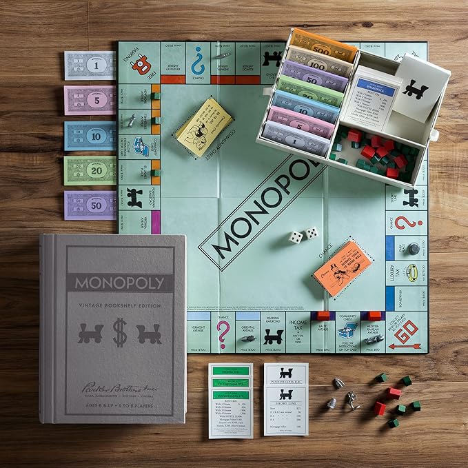 WS Game Company Monopoly Vintage Bookshelf Edition Board Game Premium Fabric-Wrapped Book Storage Box with Retro Graphics Wooden Houses Strategy Board Games for Kids Adults &amp Family Ages 8+