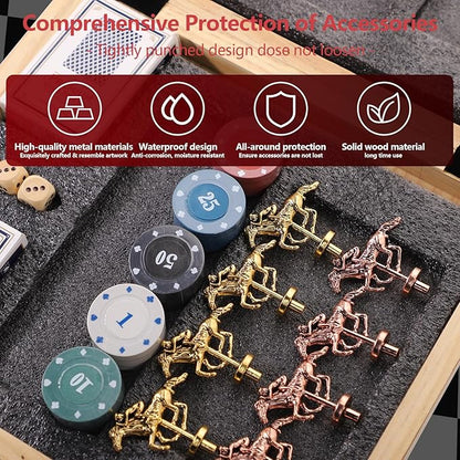 Wooden Finish Line Horse Racing Board Game Equipped with 11 Luxury Metal Craft Horses Adult Chessboard Including 2 Dice and 2 Boxes of Cards Folding Box Game Board (Light Flame)