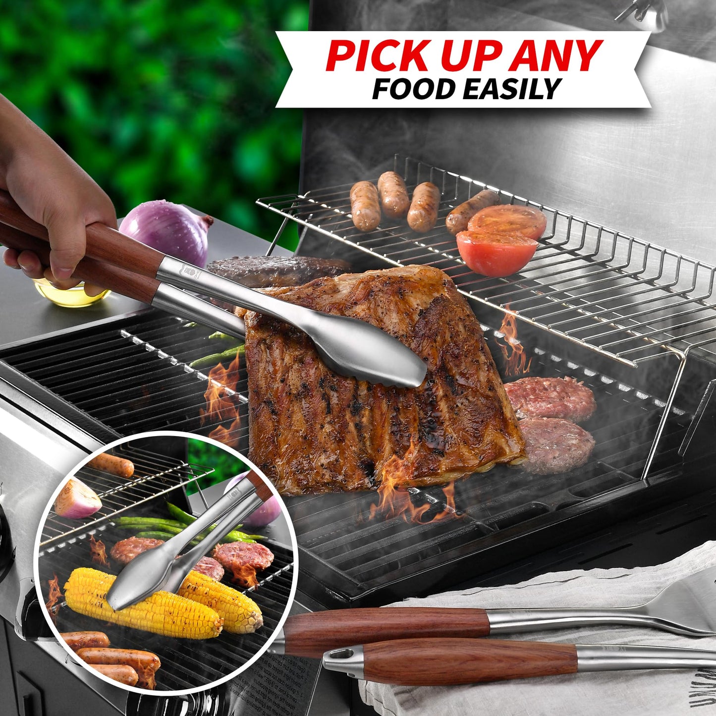 GRILAZ Heavy-Duty Rose Wooden BBQ Grilling Tools Set. Extra Thick Stainless Steel Multi-Function Spatula, Fork & Tongs | Essential Accessories for Barbecue & Grill. Ideal Gift for Father…