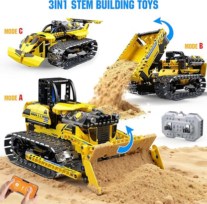 zinat 3 in 1 STEM Remote Control Bulldozer Building Set DIY Engineering Construction Kit with APP &amp Remote Educational Robot Blocks Toy Birthday for Kids Teens Adults - 452 Pcs