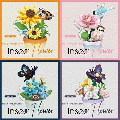 Set of 4 Mini Flower Bonsai with Cute Insects - DIY Potted Plant Building Blocks for Kids and Adults Botanical Collection Decor Toy