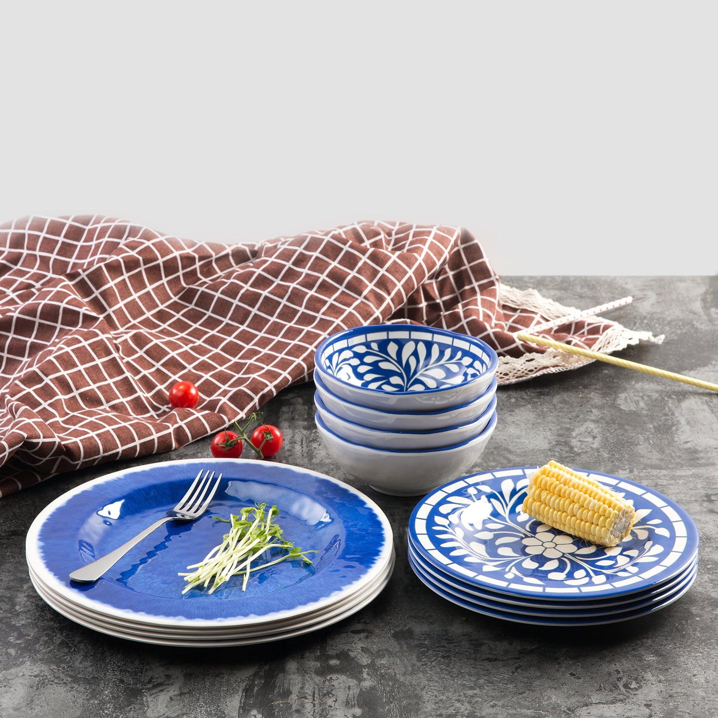 Yinshine Melamine Dinnerware Set - 12 Pcs Dinner Dishes Set for 4, Plates and Bowls Set for Indoor & Outdoor Use- Dishwasher Safe, Unbreakable, Blue