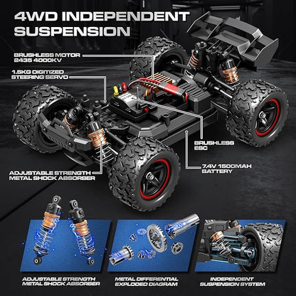 1:18 Brushless RC Cars for Adults &amp Boys (18426) 50+KPH High Speed Fast 4WD Off-Road RC Truck 4X4 RC Car Waterproof Remote Control Car with 2 Rechargeable Batteries