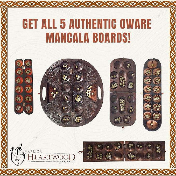 Africa Heartwood Project African Oware Mancala Board - Wooden Folding Mancala Square Shape Hand-Carved Solid Wood with Elephant Design 48 Seeds and Instructions Included