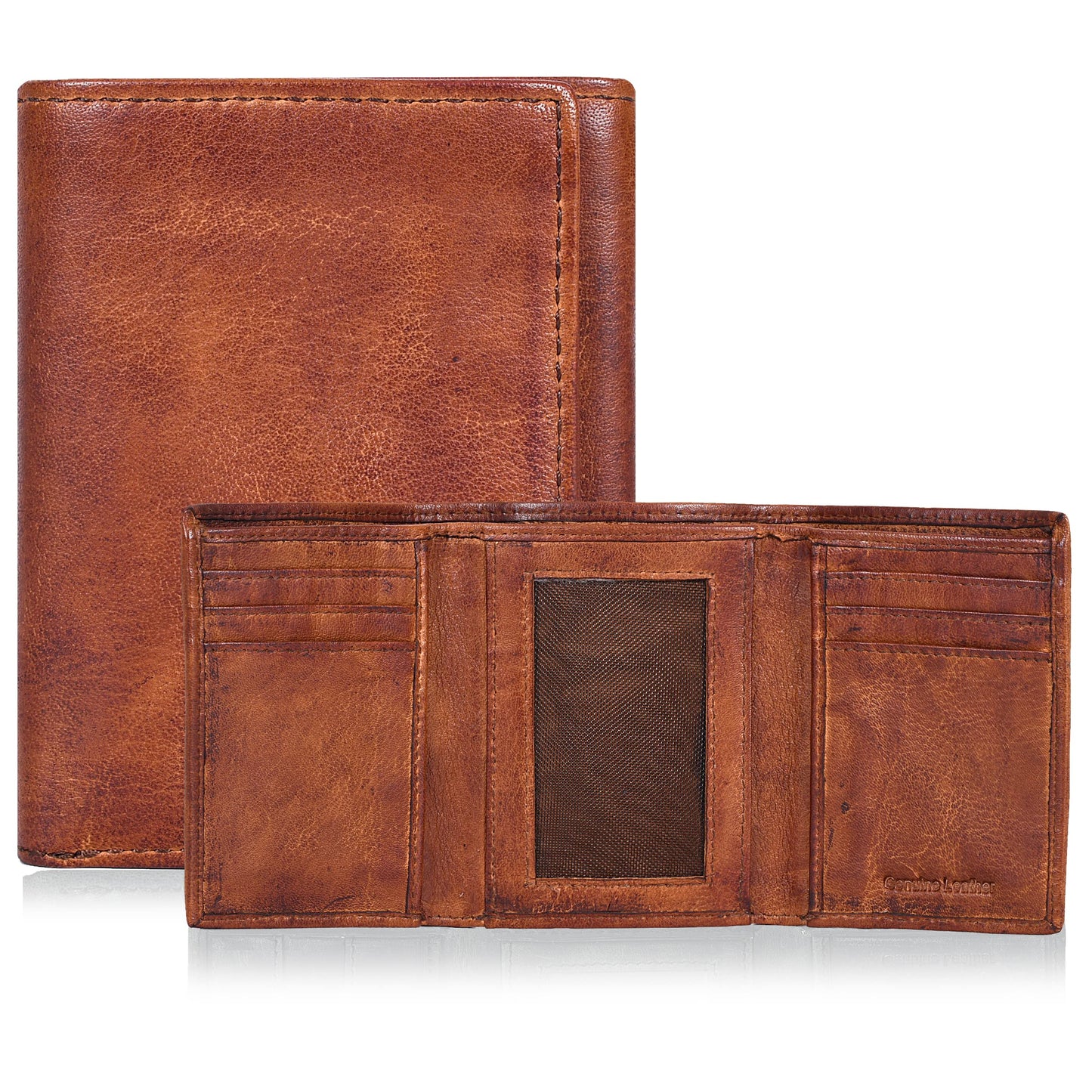Tri fold Leather Wallet for Men with RFID | Slim Wallets for Men with 1 ID and 6 Credit card slots | Front Pocket Minimalist (Wash Tan)