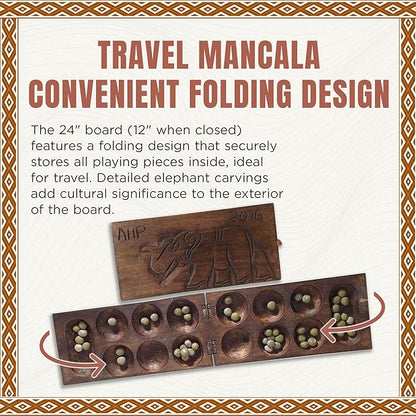 Africa Heartwood Project African Oware Mancala Board - Wooden Folding Mancala Square Shape Hand-Carved Solid Wood with Elephant Design 48 Seeds and Instructions Included