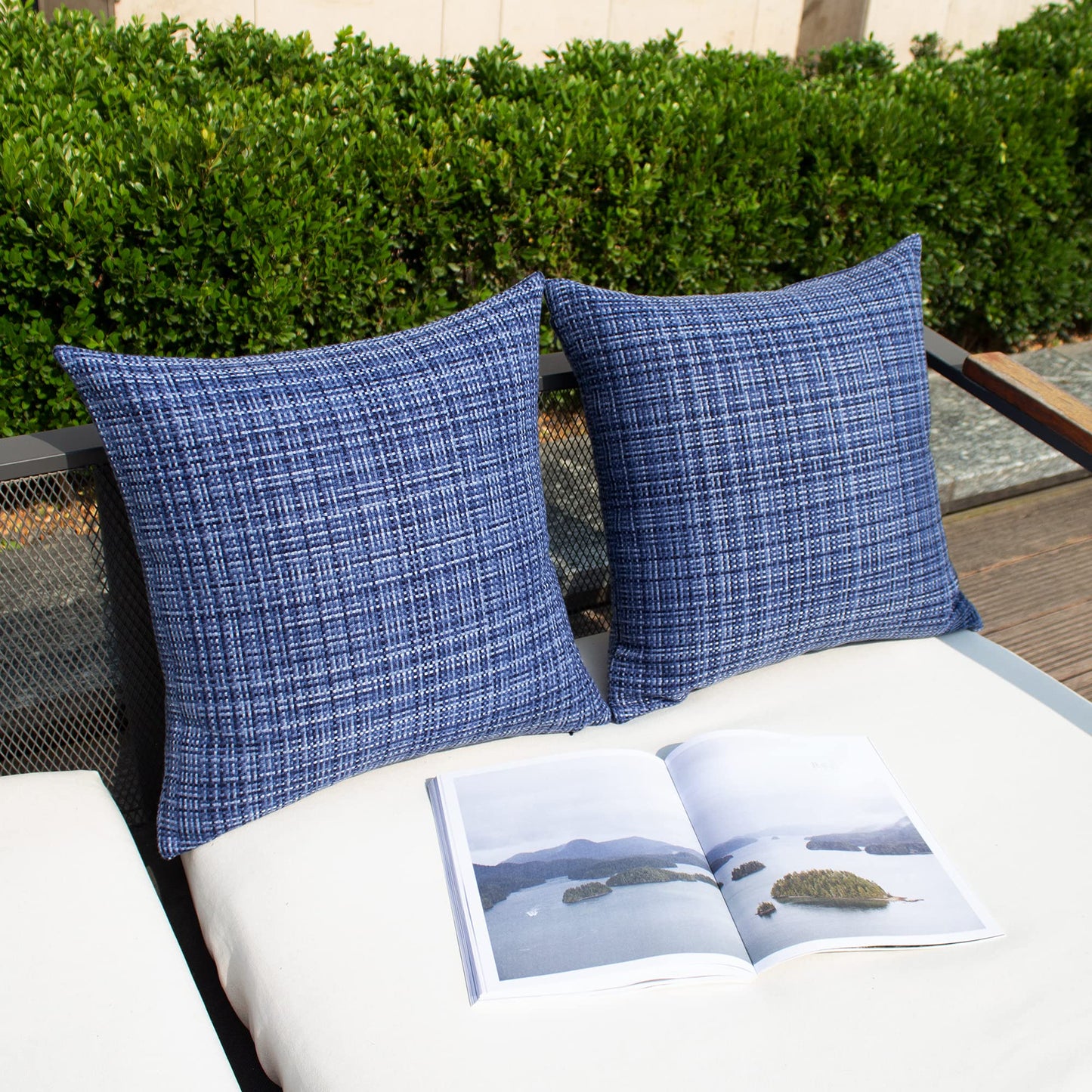 Kevin Textile Pack of 2 Decorative Outdoor Waterproof Throw Pillow Covers Stripe Square Pillowcases Modern Cushion Cases for Patio Couch Bench 20 x 20 Inch Navy Blue