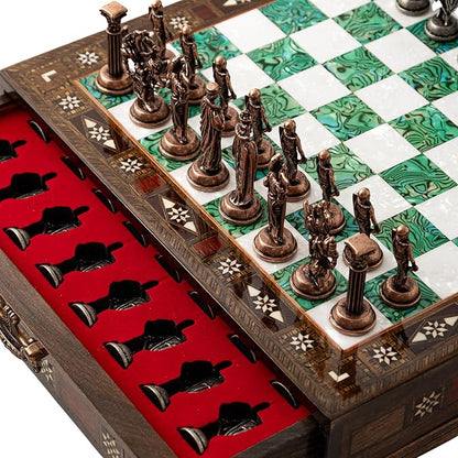 15'' Wooden Chess Set with Metal Chess Pieces – Handmade Storage Chess Board &amp British Metal Pieces – Elegant Chess Gift for All Ages – Gift for Him (Green)