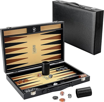 Backgammon Sets for Adults 15 Inch Backgammon Board Game Premium Carbon Fiber PU Leather Backgammon Set with Checkers &amp Dices Large Black Travel Backgammon