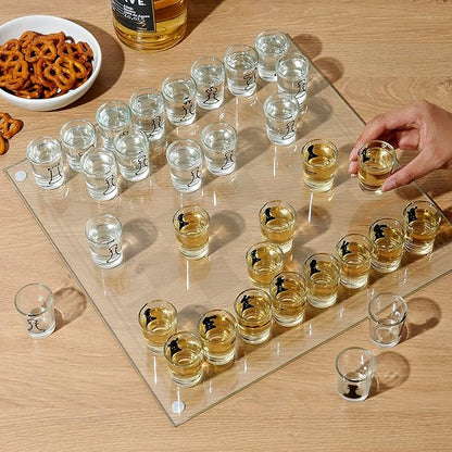 True Shot Glass Chess Game Chess Board with Shot Glass Chess Pieces Clear Glass and Frosted Glass Chess Drinking Game