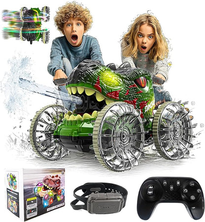 BEZGAR Monster Truck Toys - Dinosaur Toys with LightHand Gesture Sensing RC Cars for Water &amp Land with Water Gun Monster Truck with 360° Spins and Drifting Remote Control Car for Boys 4-7