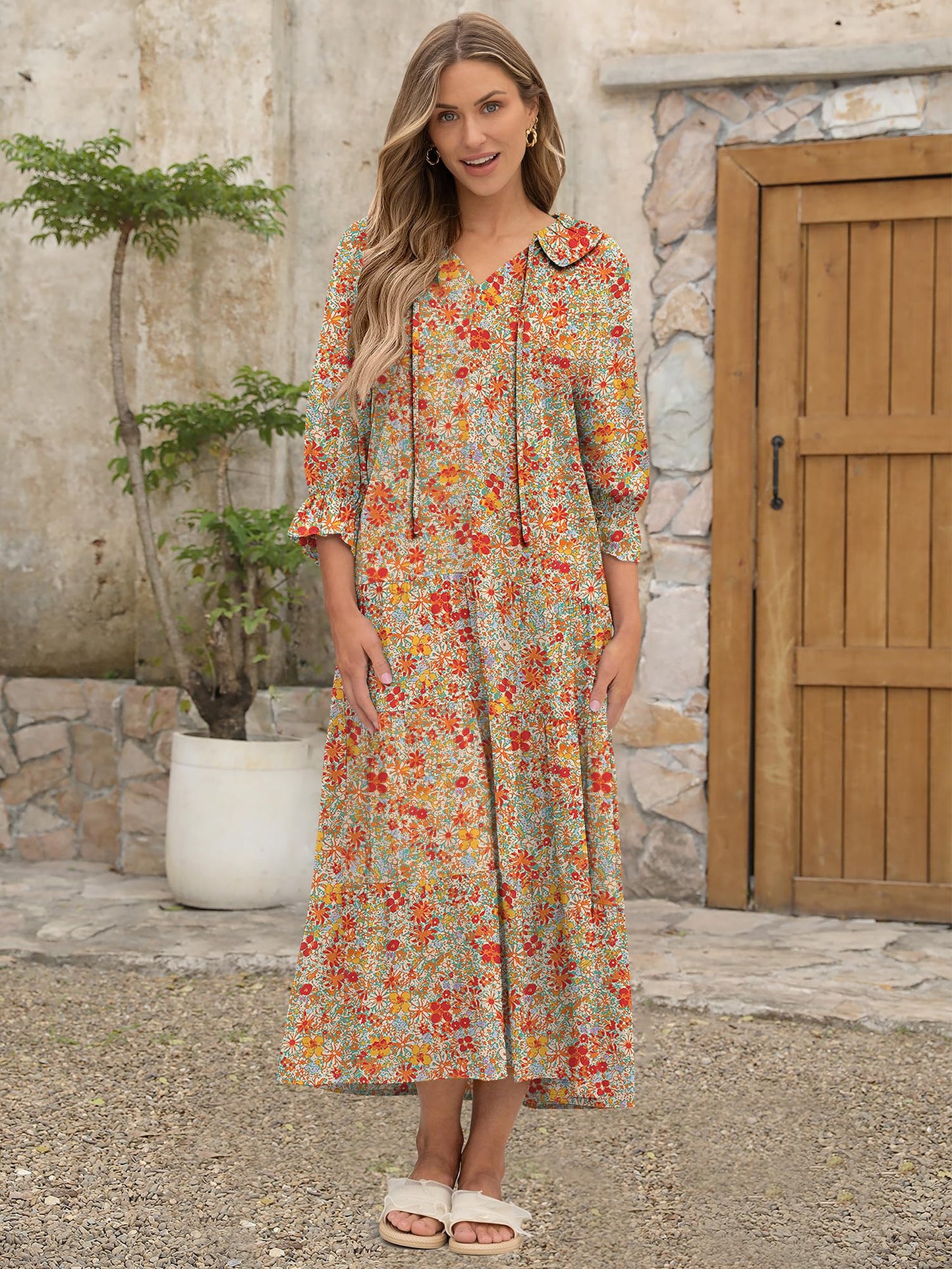 ANRABESS Women's Boho Maxi Dresses 2025 Summer Casual V Neck Puff Sleeve Floral Tiered Flowy Swing Beach Vacation Long Dress