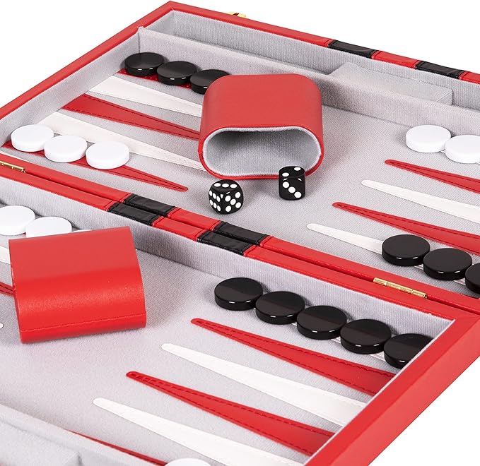 Premium Backgammon 15 Inches Medium Red - Backgammon Sets for Adults and Kids - Leatherette Back Gammon Board Game Set - Travel Backgammon Set Board Encased with Accessories