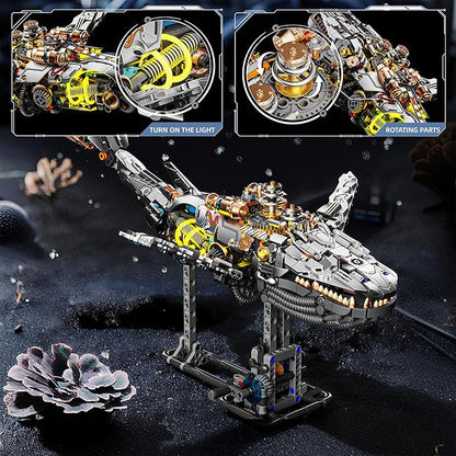 1388-PCS Mechanical Whale Building Blocks Set with LED Light Movable Linkage Gears Display Stand - Ocean Building Blocks for Adults Teens Kids Age 12+