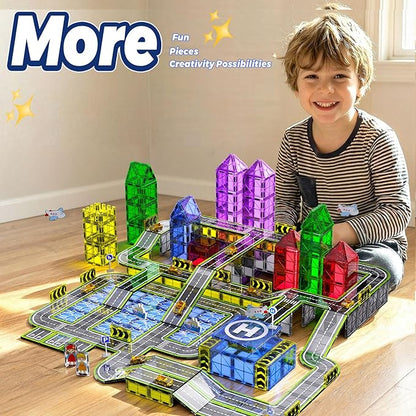 Magnetic Tiles121PCS Magnet Tiles Road Set with Pullback Cars for 3+ year old BoysMagnetic Toys for Kids Ages 4-8 with ShipAirplaneTraffic SignSTEM Classroom Educational Birthday Gifts Toys