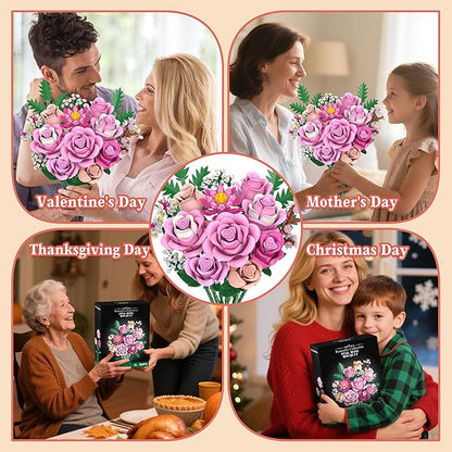 Pink Rose Bouquet Flowers Building Set 834Pcs Roses Artificial Flowers Botanical Collection Compatible with Lego Flowers for Adults Valentines Day Gifts for Her Women Wife Girlfriend Mom