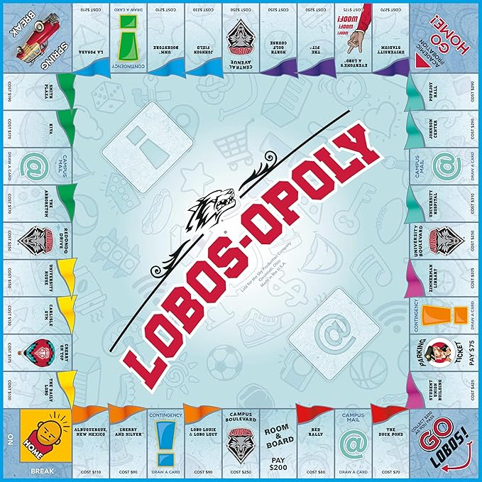 Late for The Sky Lobos-Opoly Board Game - University of New Mexico UNM Lobos Family Board Game Campus Properties Ages 8+ 2-6 Players Traditional or 1-Hour Play