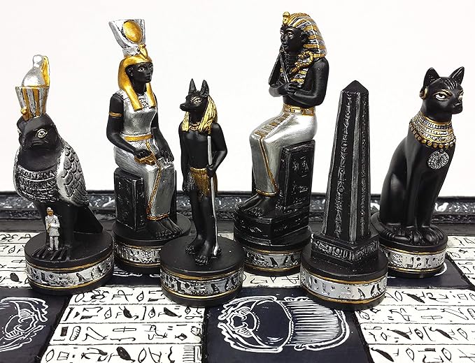 Egyptian Anubis Chess Set Black Silver and Gold Men with 16 Hieroglyphic Board